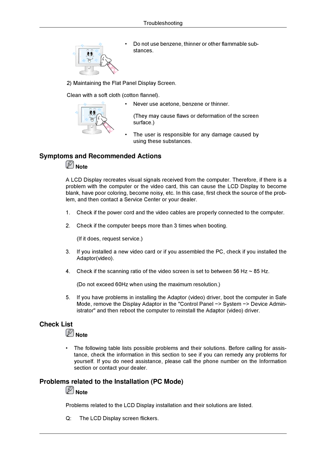 Samsung LH65TCPMBC/ZA manual Symptoms and Recommended Actions, Check List, Problems related to the Installation PC Mode 