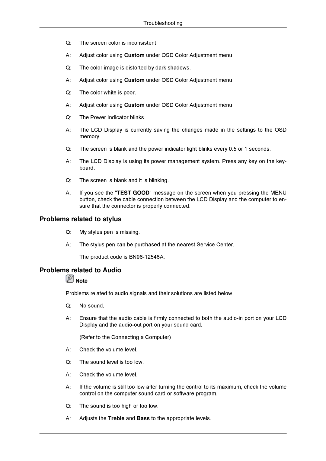 Samsung LH65TCPMBC/EN, LH65TCPMBC/XJ, LH650TS-NB, LH65TCPMBC/ZA manual Problems related to stylus, Problems related to Audio 