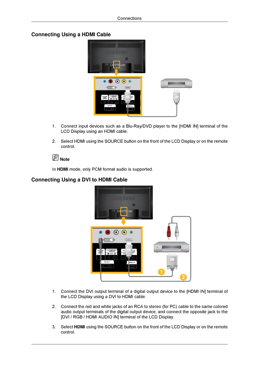 Samsung LH65TCPMBC/XY, LH65TCPMBC/EN, LH65TCPMBC/XJ Connecting Using a Hdmi Cable, Connecting Using a DVI to Hdmi Cable 