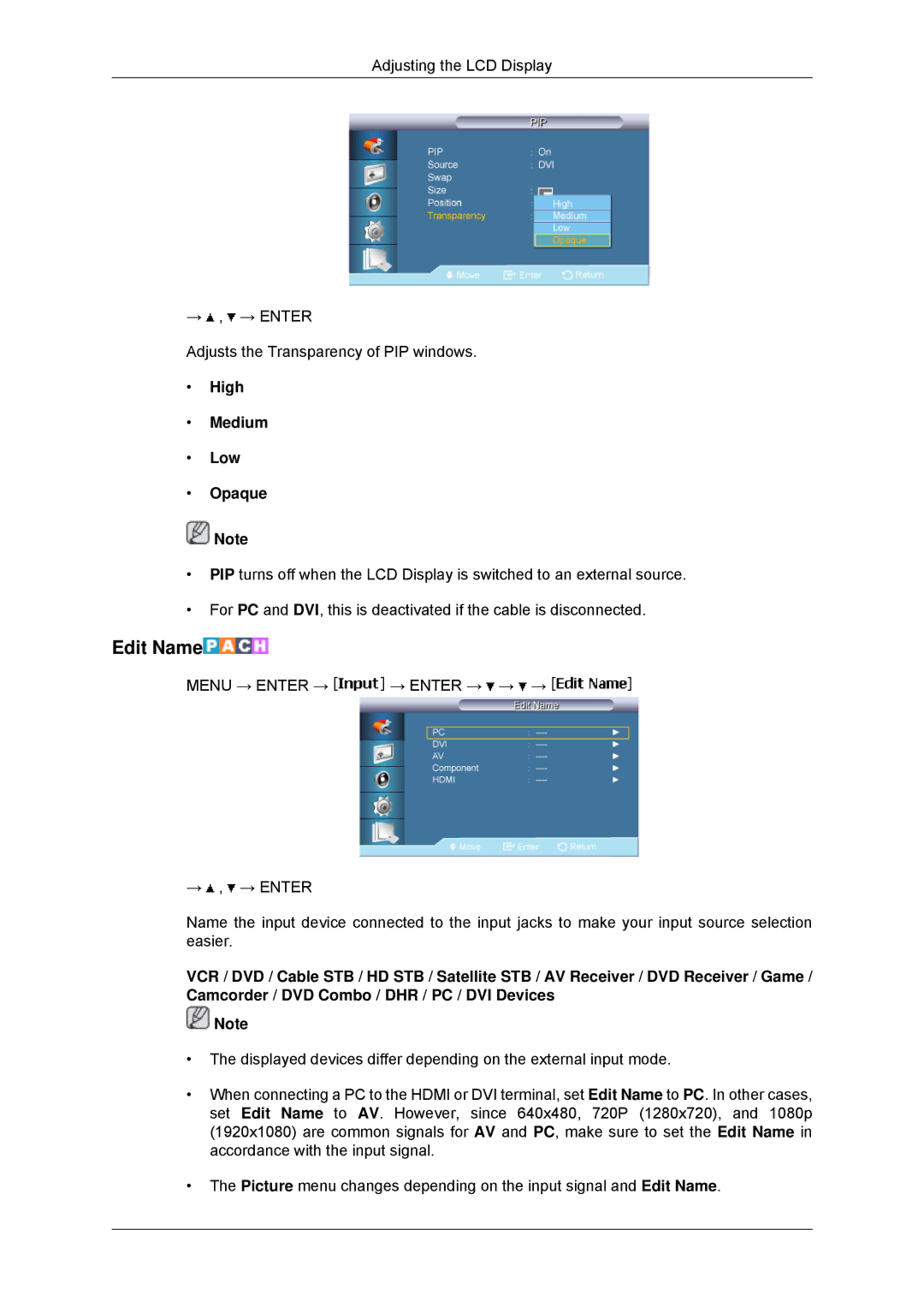 Samsung LH650TS-NB, LH65TCPMBC/EN, LH65TCPMBC/XJ, LH65TCPMBC/ZA, LH65TCPMBC/XY manual Edit Name, High Medium Low Opaque 