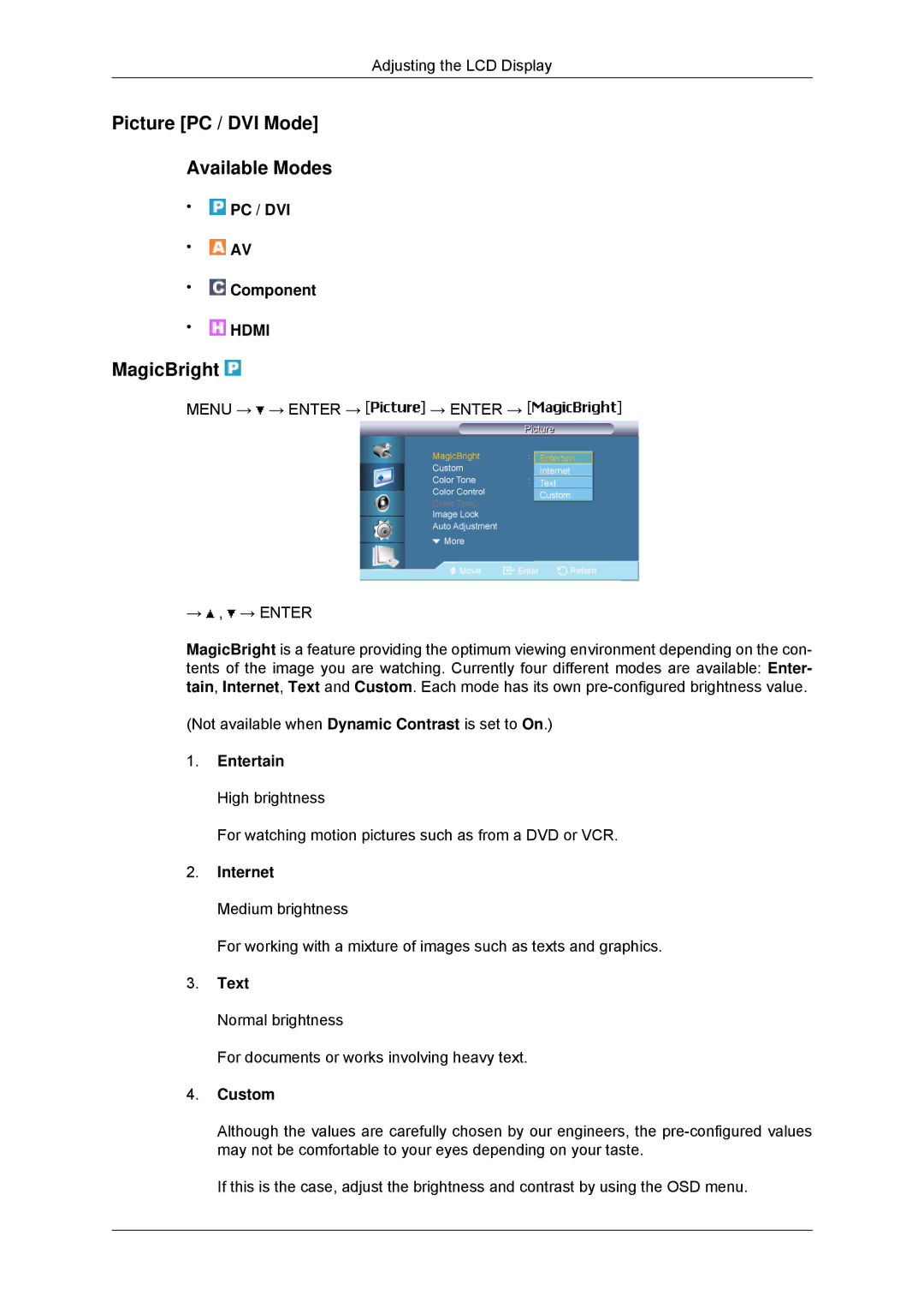 Samsung LH65TCPMBC/ZA, LH65TCPMBC/EN, LH65TCPMBC/XJ, LH650TS-NB manual Picture PC / DVI Mode Available Modes, MagicBright 