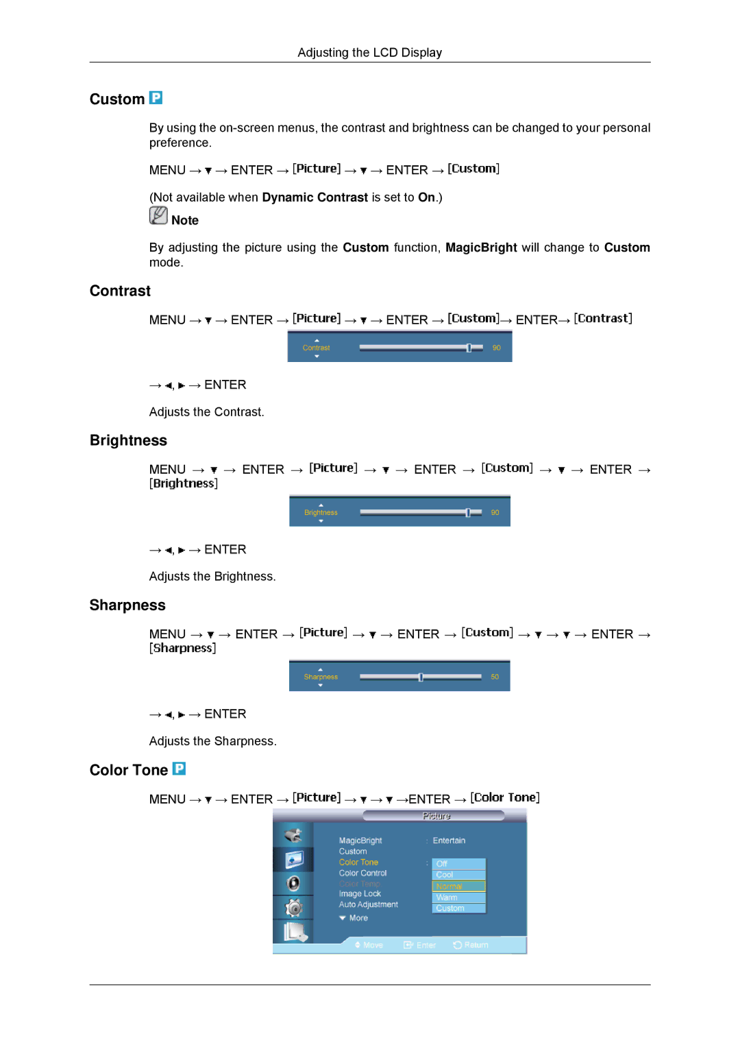 Samsung LH65TCPMBC/XY, LH65TCPMBC/EN, LH65TCPMBC/XJ, LH650TS-NB manual Custom, Contrast, Brightness, Sharpness, Color Tone 