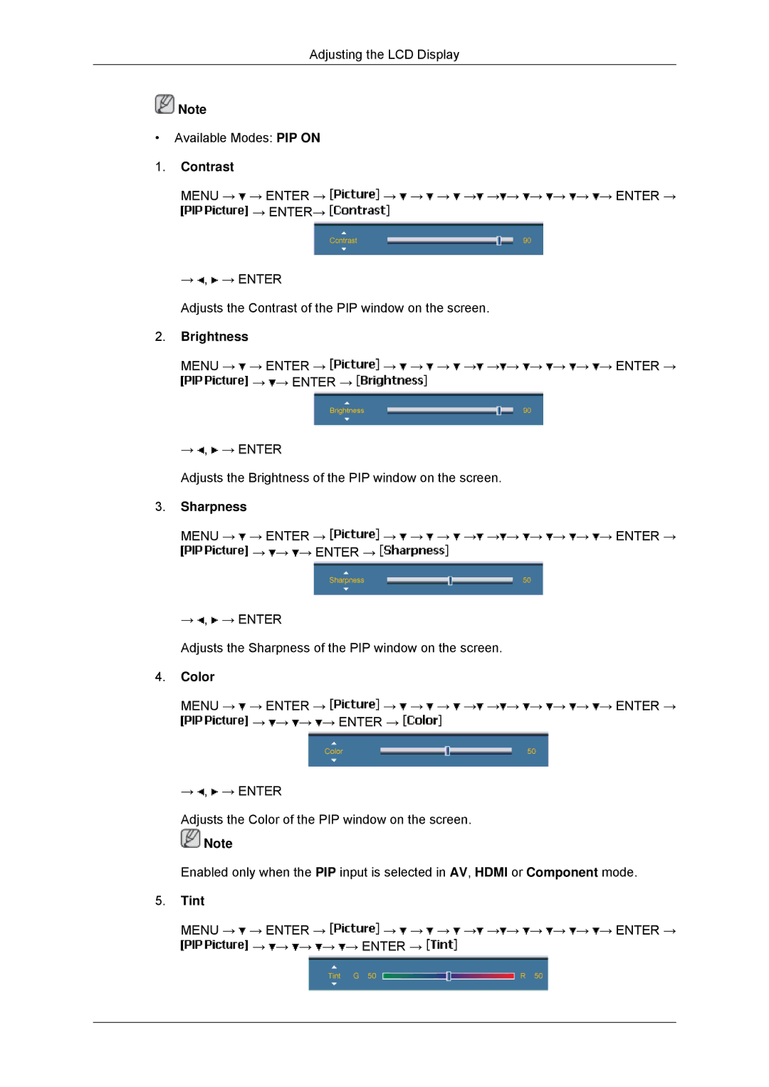 Samsung LH65TCPMBC/EN, LH65TCPMBC/XJ, LH650TS-NB, LH65TCPMBC/ZA, LH65TCPMBC/XY Contrast, Brightness, Sharpness, Color, Tint 