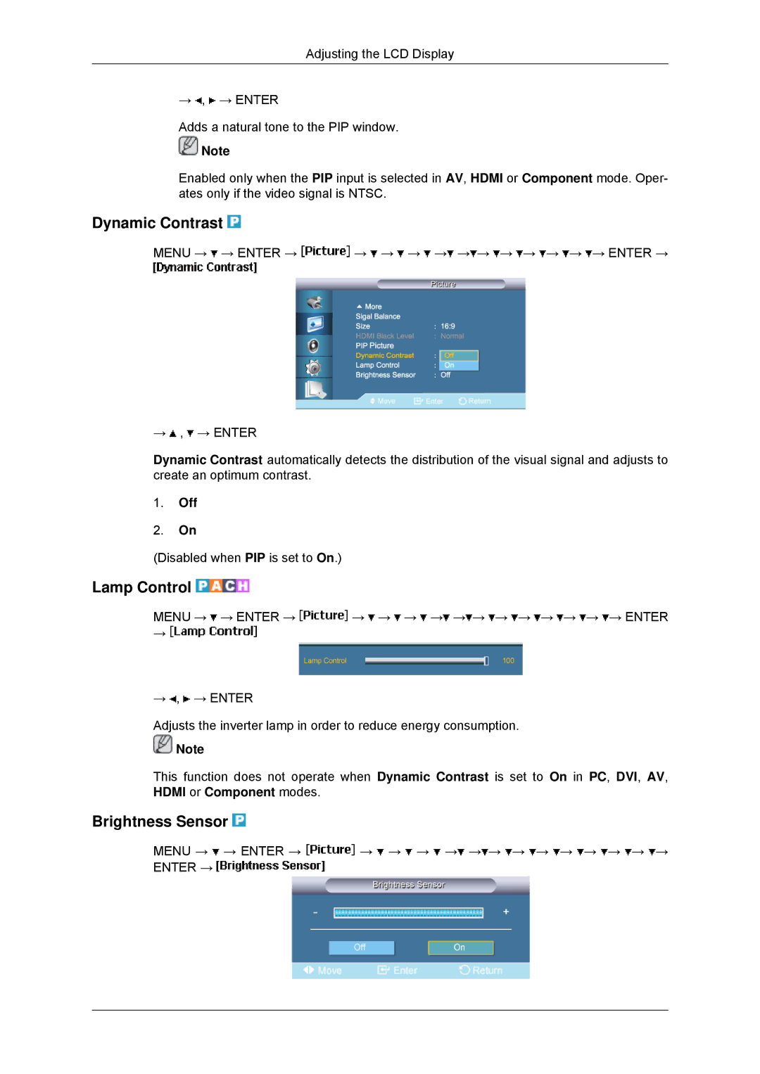 Samsung LH65TCPMBC/XJ, LH65TCPMBC/EN, LH650TS-NB, LH65TCPMBC/ZA manual Dynamic Contrast, Lamp Control, Brightness Sensor 