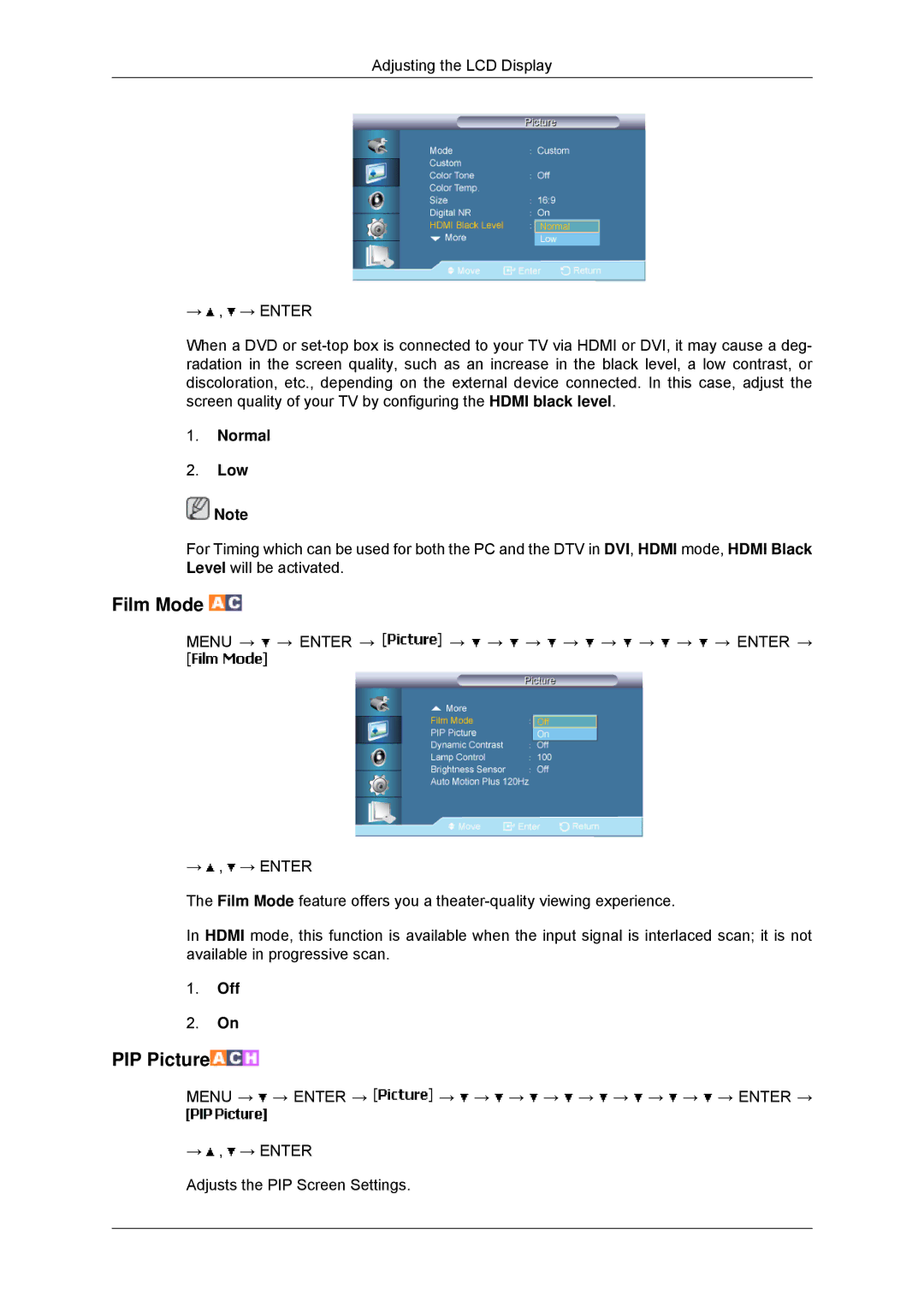 Samsung LH65TCPMBC/XJ, LH65TCPMBC/EN, LH650TS-NB, LH65TCPMBC/ZA, LH65TCPMBC/XY manual Film Mode, Normal Low 