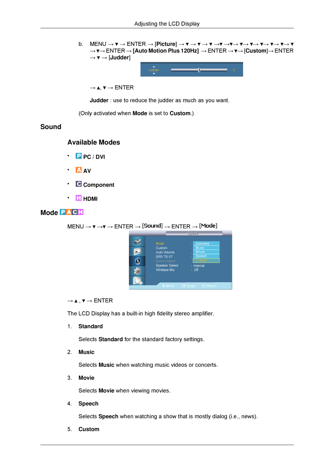 Samsung LH65TCPMBC/EN, LH65TCPMBC/XJ, LH650TS-NB, LH65TCPMBC/ZA, LH65TCPMBC/XY manual Sound Available Modes 