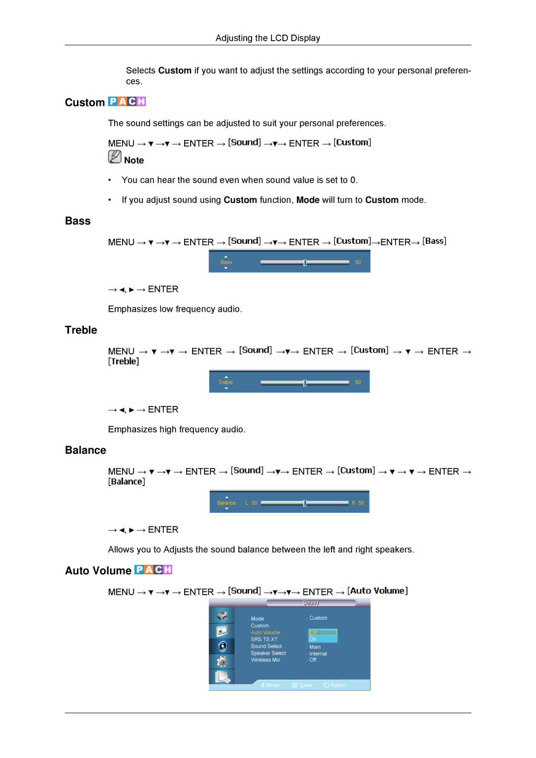 Samsung LH65TCPMBC/XJ, LH65TCPMBC/EN, LH650TS-NB, LH65TCPMBC/ZA, LH65TCPMBC/XY manual Bass, Treble, Balance, Auto Volume 