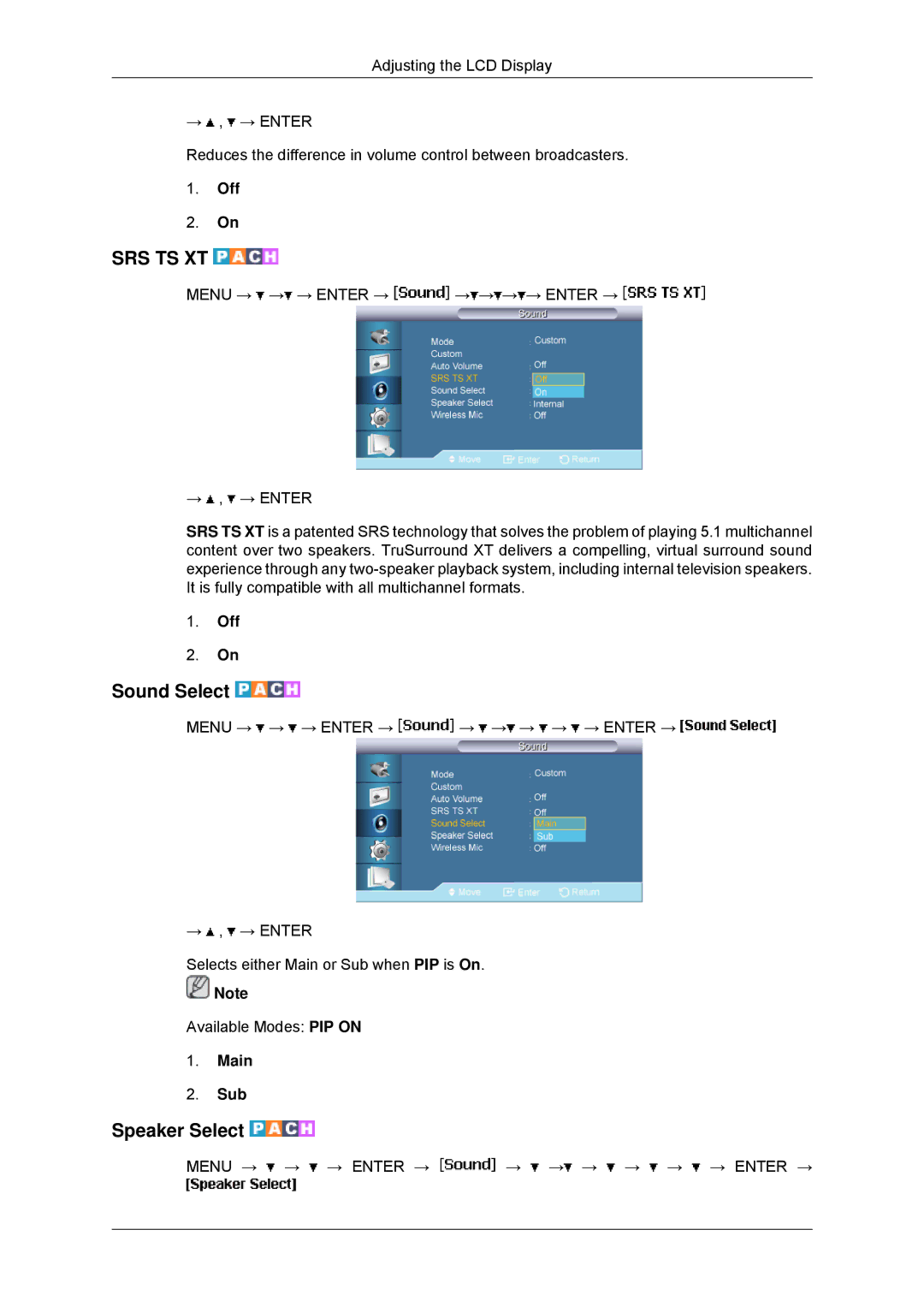 Samsung LH650TS-NB, LH65TCPMBC/EN, LH65TCPMBC/XJ, LH65TCPMBC/ZA, LH65TCPMBC/XY manual Sound Select, Speaker Select, Main Sub 