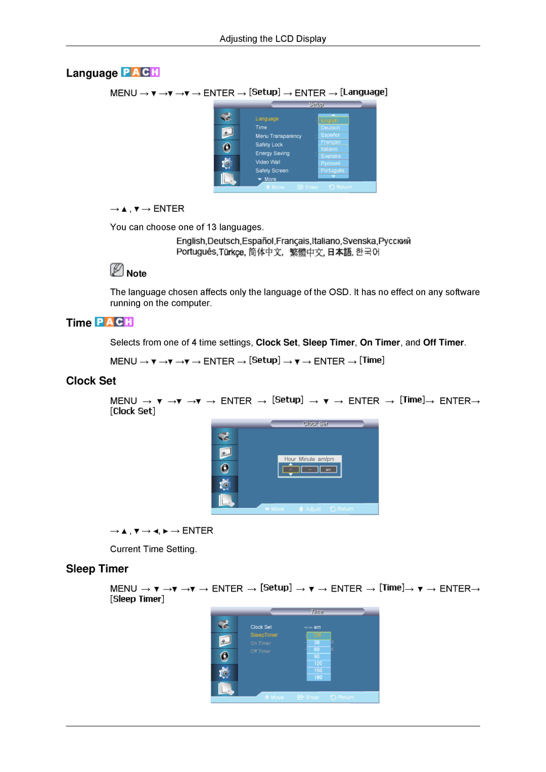 Samsung LH65TCPMBC/XY, LH65TCPMBC/EN, LH65TCPMBC/XJ, LH650TS-NB, LH65TCPMBC/ZA manual Language, Clock Set, Sleep Timer 