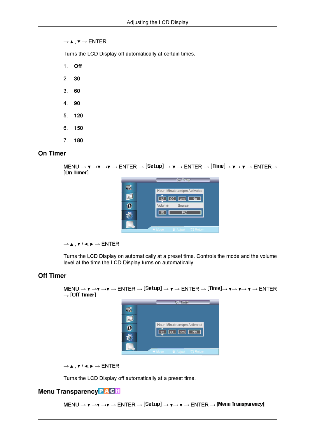 Samsung LH65TCPMBC/EN, LH65TCPMBC/XJ, LH650TS-NB, LH65TCPMBC/ZA, LH65TCPMBC/XY manual On Timer, Off Timer, Menu Transparency 