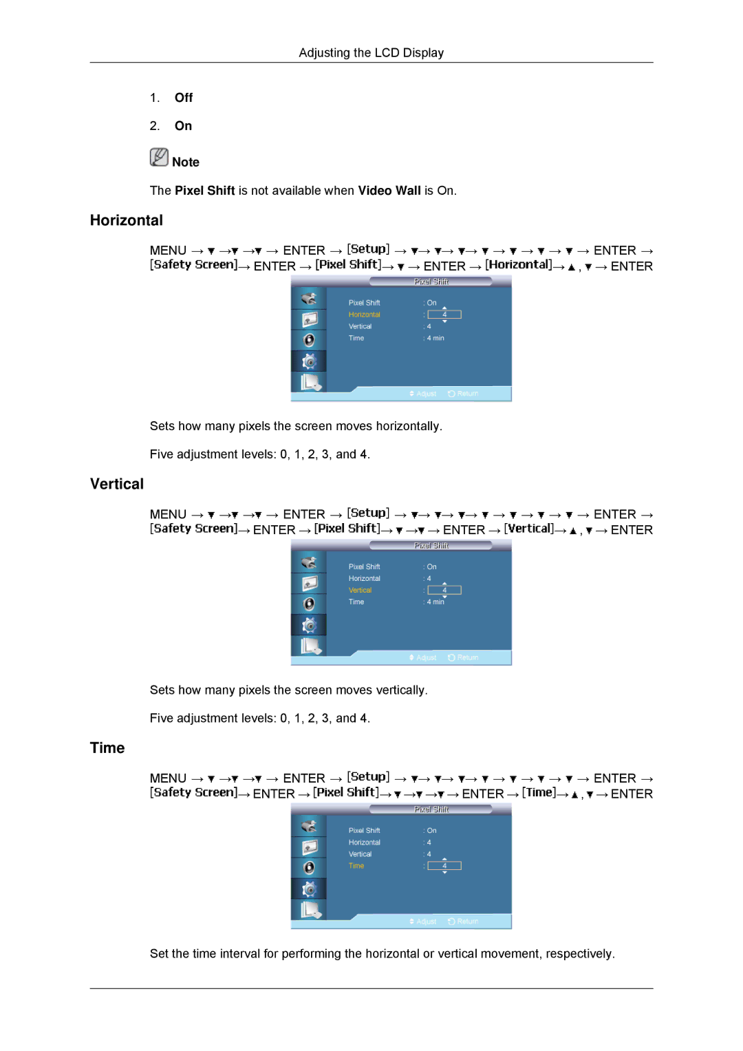 Samsung LH65TCPMBC/EN, LH65TCPMBC/XJ, LH650TS-NB, LH65TCPMBC/ZA manual Pixel Shift is not available when Video Wall is On 