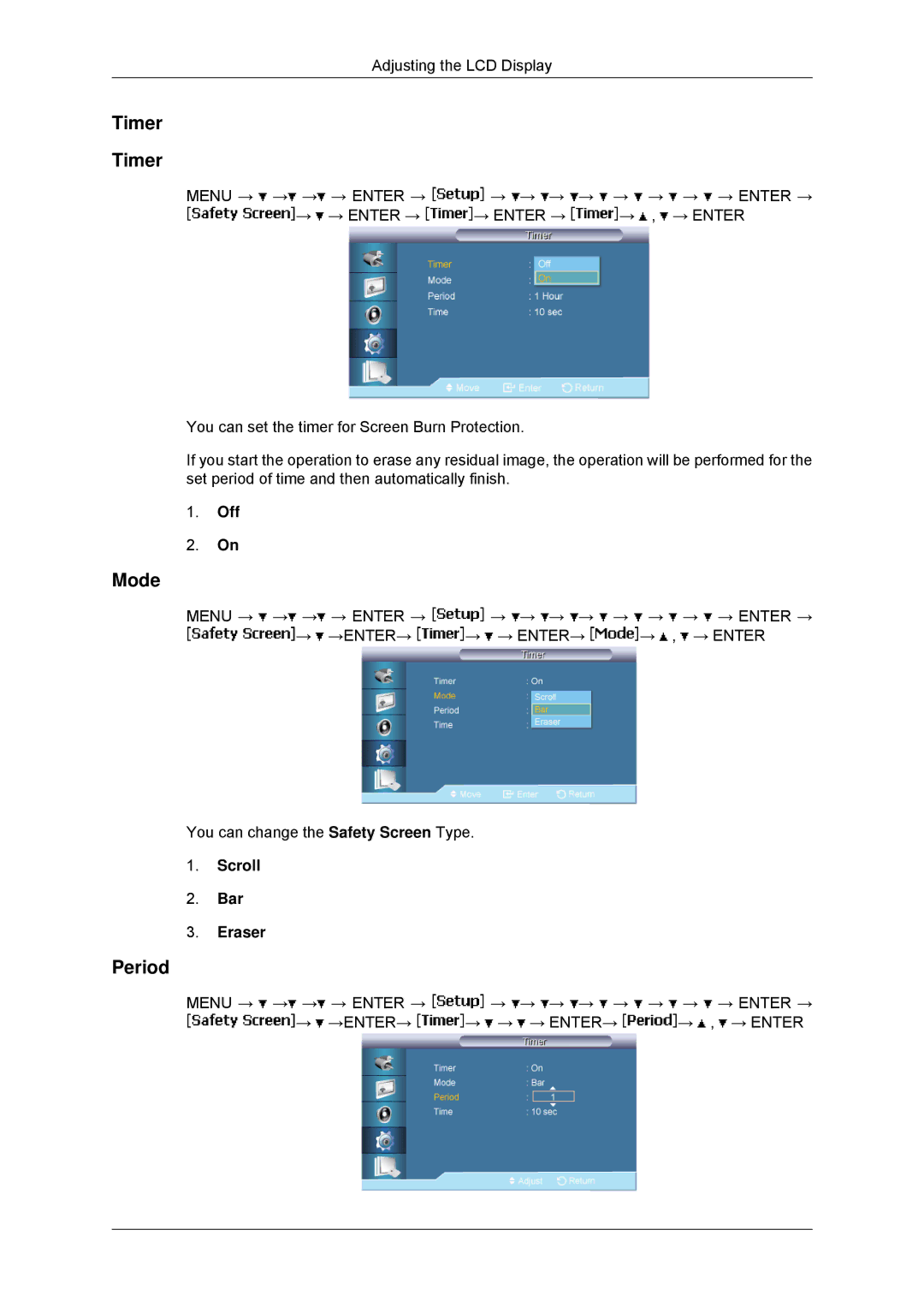 Samsung LH65TCPMBC/XJ, LH65TCPMBC/EN, LH650TS-NB, LH65TCPMBC/ZA, LH65TCPMBC/XY manual Timer, Period, Scroll Bar Eraser 