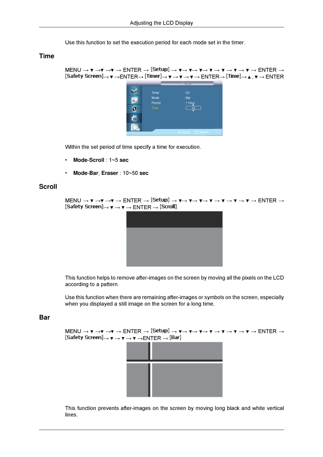 Samsung LH650TS-NB, LH65TCPMBC/EN, LH65TCPMBC/XJ, LH65TCPMBC/ZA manual Mode-Scroll 1~5 sec Mode-Bar,Eraser 10~50 sec 