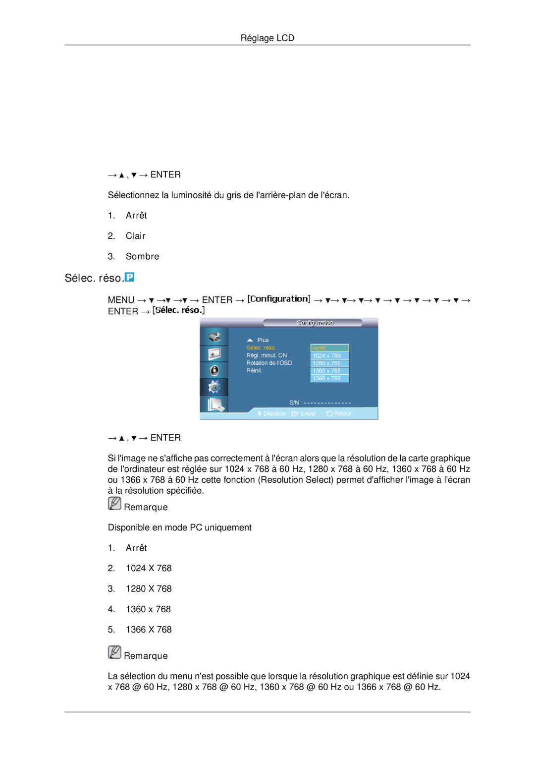 Samsung LH65TCPMBC/EN manual Sélec. réso, Arrêt Clair Sombre, Arrêt 1024 X 1280 X 1360 x 1366 X Remarque 