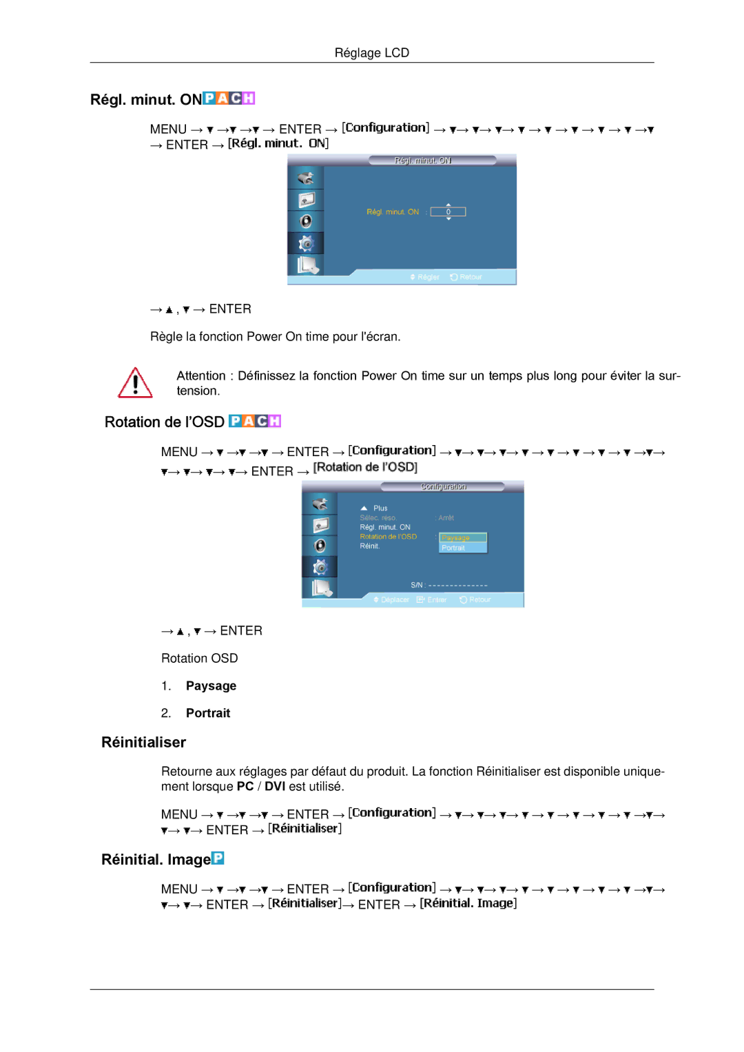 Samsung LH65TCPMBC/EN manual Régl. minut. on, Rotation de l’OSD, Réinitialiser, Réinitial. Image, Paysage Portrait 