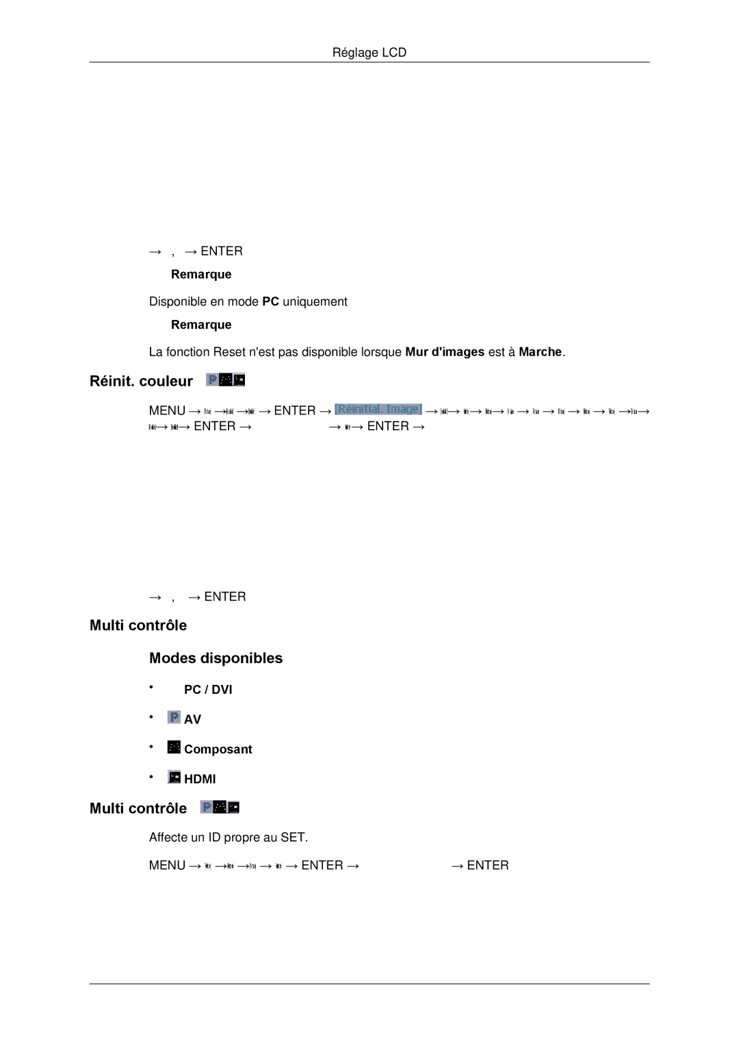 Samsung LH65TCPMBC/EN manual Réinit. couleur, Multi contrôle Modes disponibles 