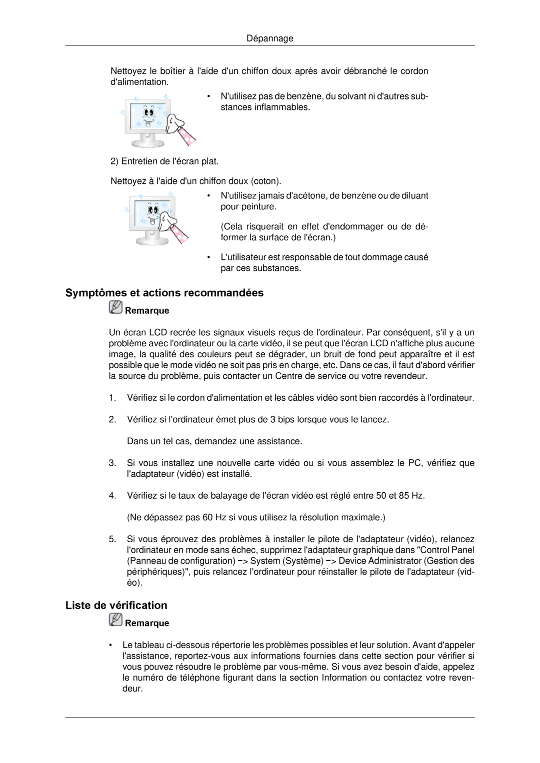 Samsung LH65TCPMBC/EN manual Symptômes et actions recommandées, Liste de vérification 