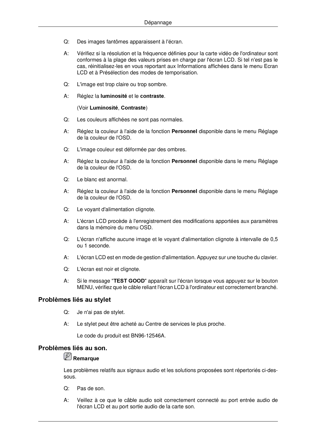 Samsung LH65TCPMBC/EN manual Problèmes liés au stylet, Problèmes liés au son 