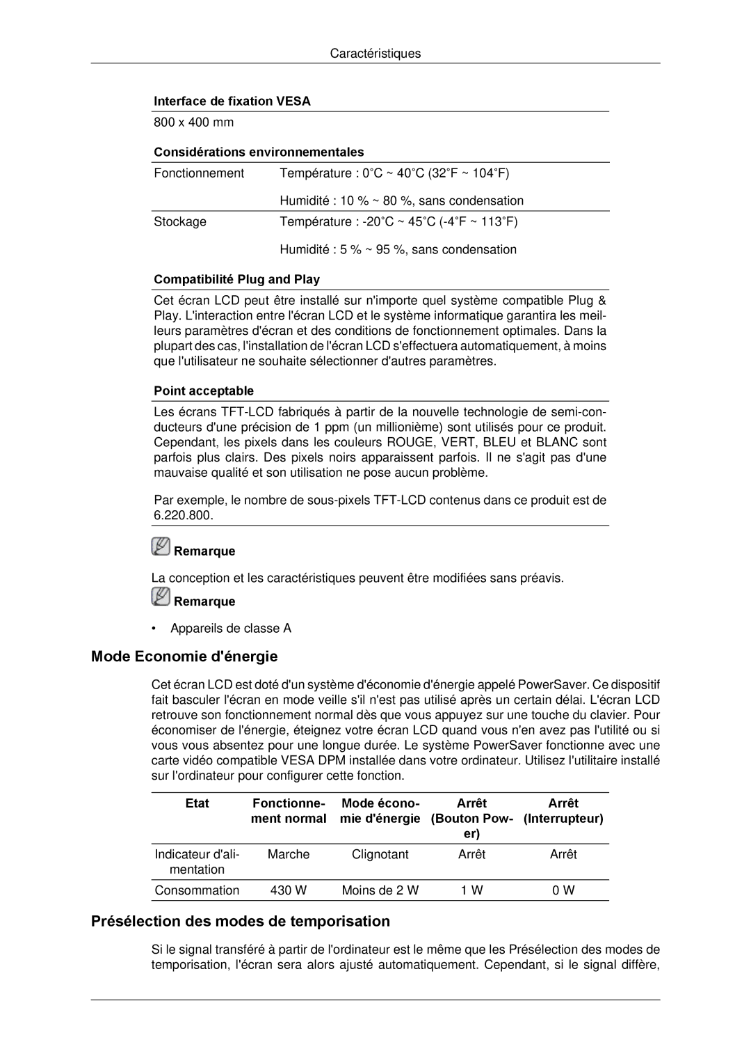 Samsung LH65TCPMBC/EN manual Mode Economie dénergie, Présélection des modes de temporisation 