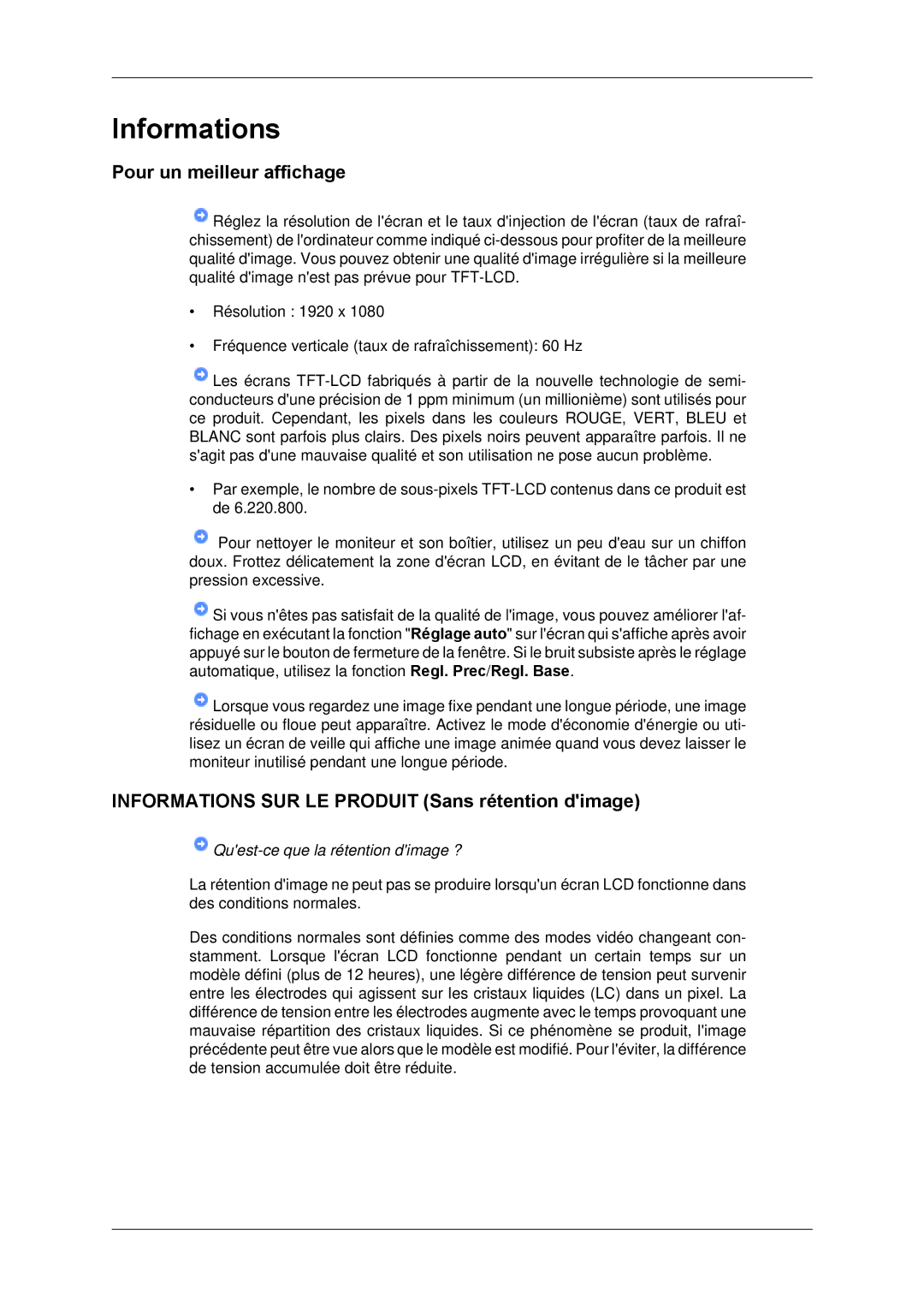 Samsung LH65TCPMBC/EN manual Pour un meilleur affichage, Informations SUR LE Produit Sans rétention dimage 