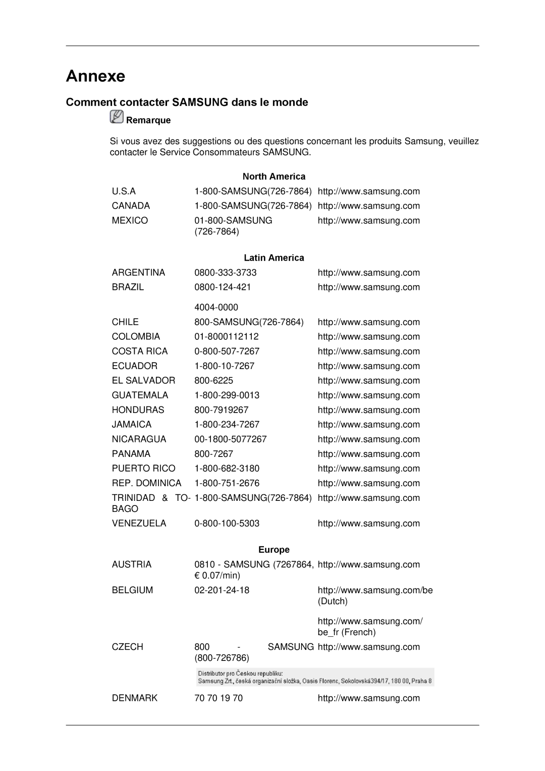 Samsung LH65TCPMBC/EN manual Comment contacter Samsung dans le monde, North America, Latin America, Europe 