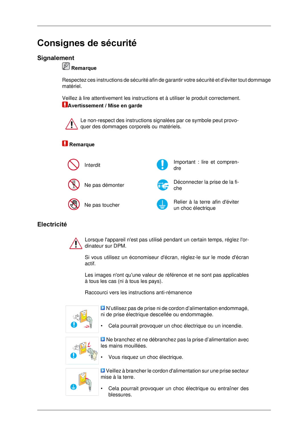 Samsung LH65TCPMBC/EN manual Signalement, Electricité, Remarque, Avertissement / Mise en garde 