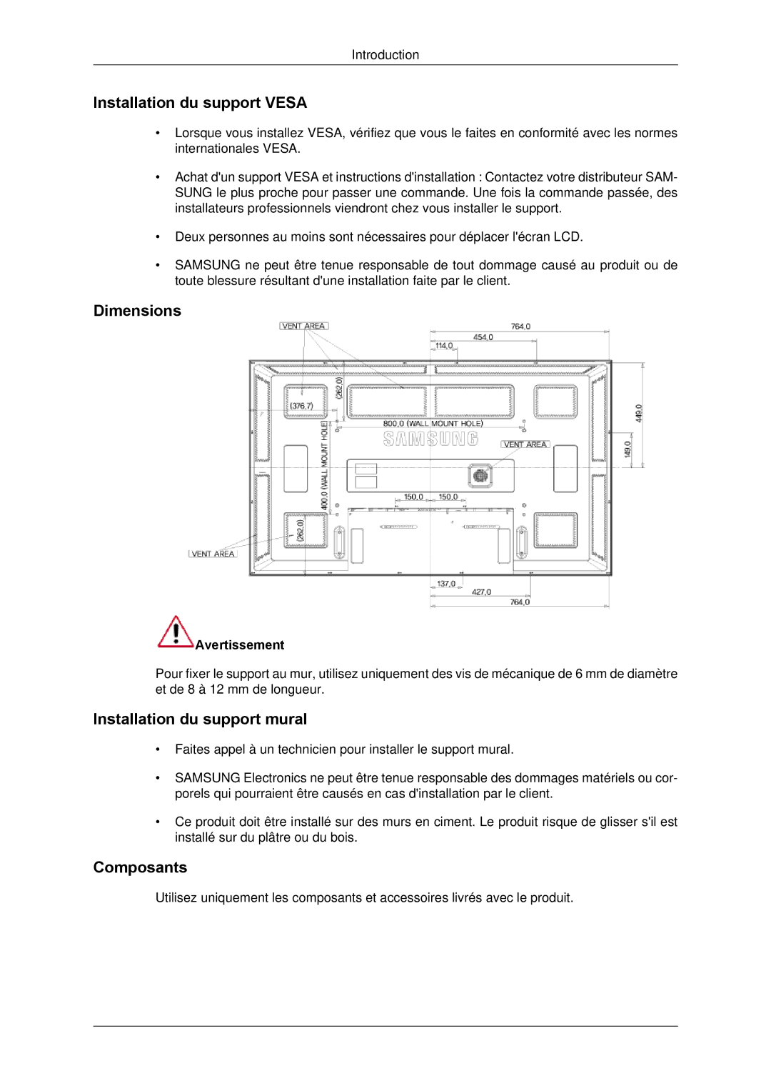 Samsung LH65TCPMBC/EN Installation du support Vesa, Dimensions, Installation du support mural, Composants, Avertissement 