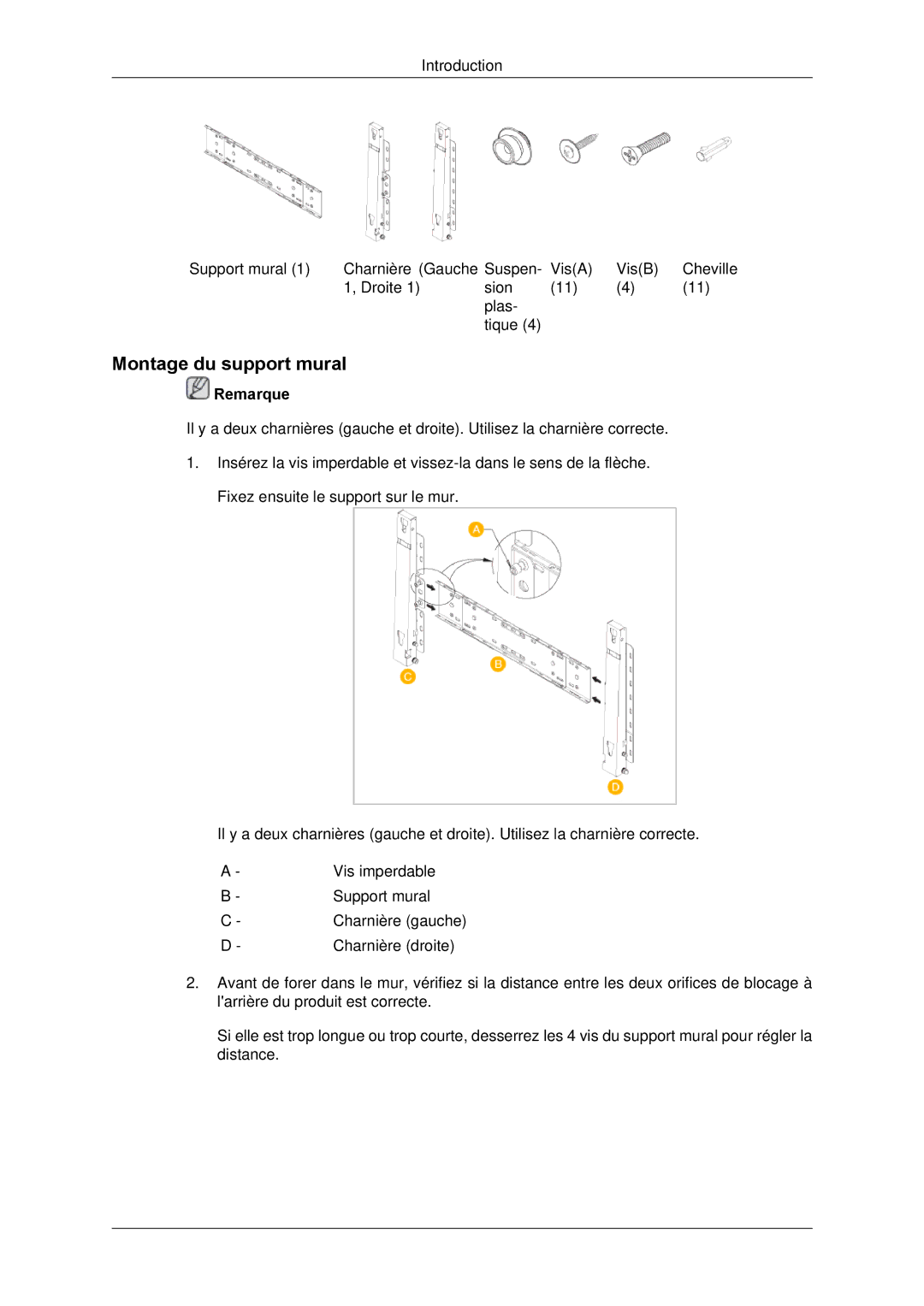 Samsung LH65TCPMBC/EN manual Montage du support mural, Remarque 