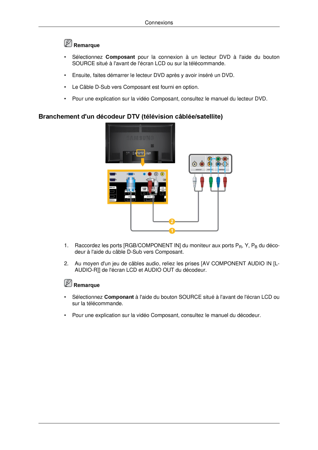 Samsung LH65TCPMBC/EN manual Branchement dun décodeur DTV télévision câblée/satellite 