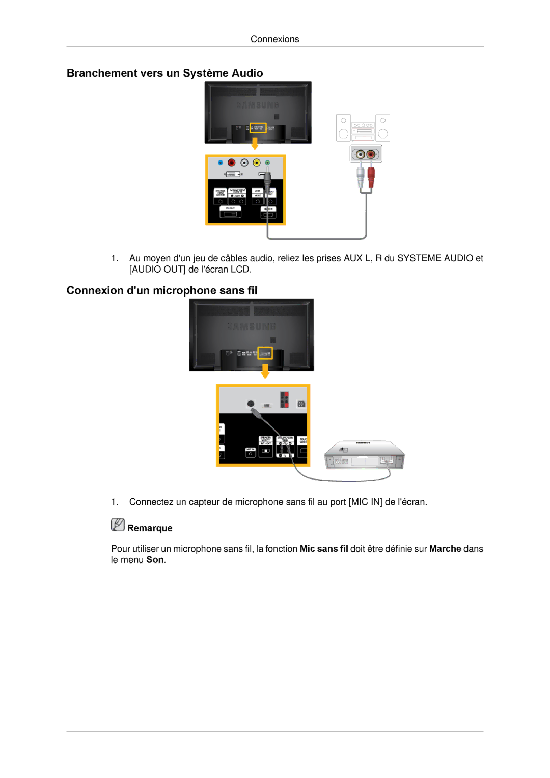 Samsung LH65TCPMBC/EN manual Branchement vers un Système Audio, Connexion dun microphone sans fil 