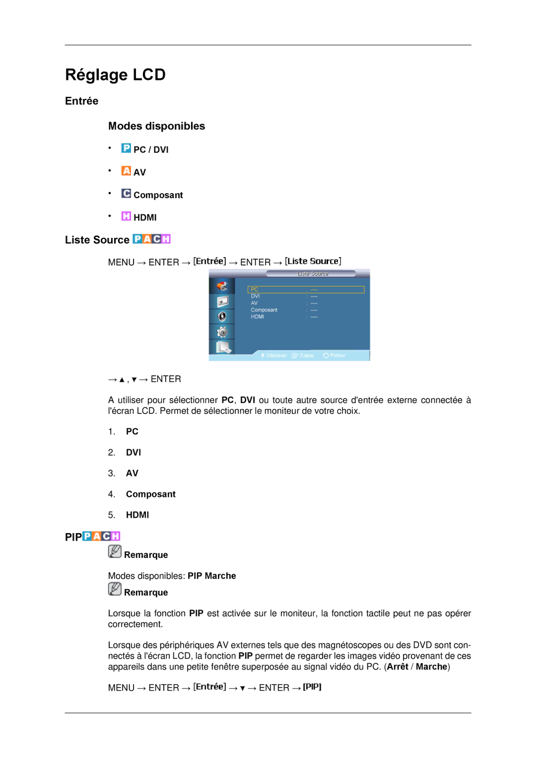 Samsung LH65TCPMBC/EN manual Entrée Modes disponibles, Liste Source, PC / DVI Composant 