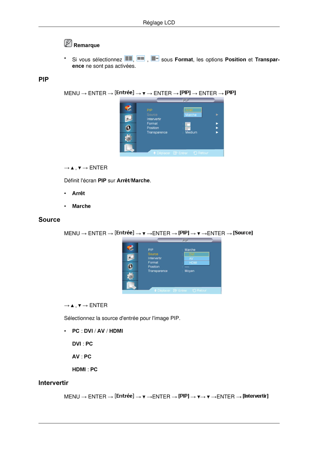 Samsung LH65TCPMBC/EN manual Source, Intervertir, Arrêt Marche, PC DVI / AV / Hdmi 