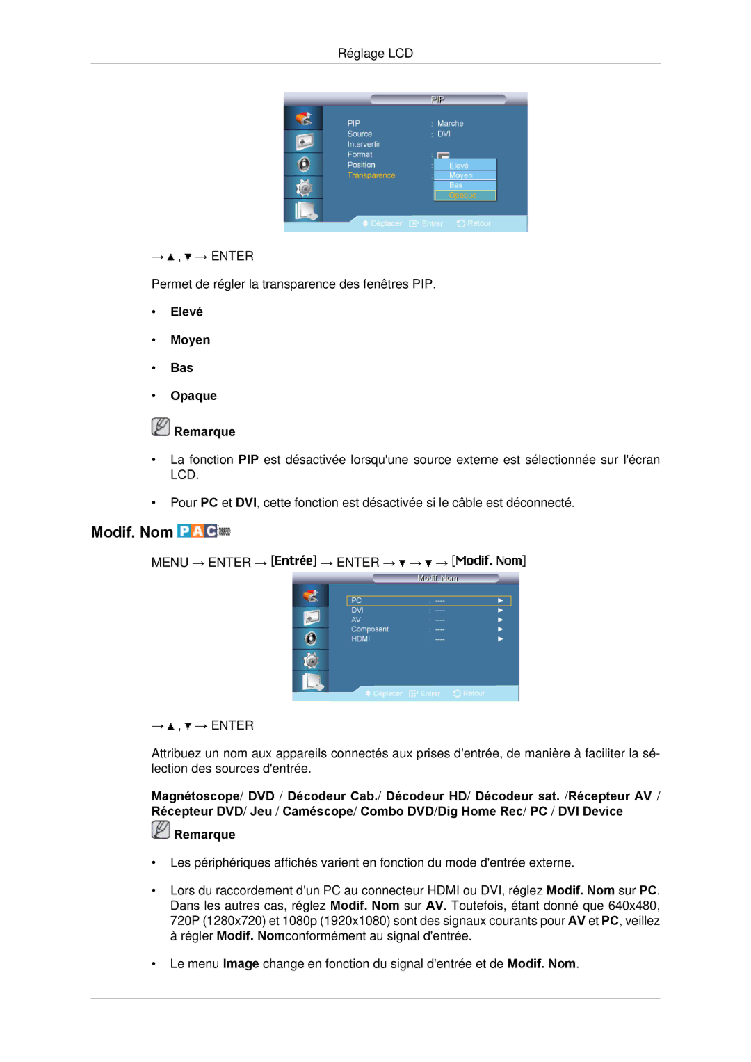 Samsung LH65TCPMBC/EN manual Modif. Nom, Elevé Moyen Bas Opaque Remarque 