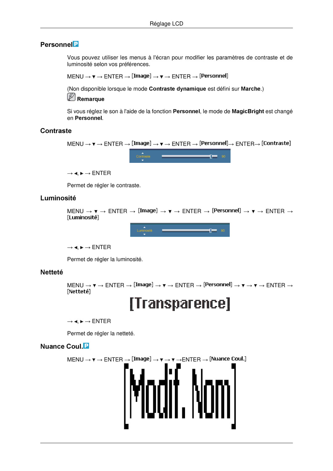 Samsung LH65TCPMBC/EN manual Personnel, Contraste, Luminosité, Netteté, Nuance Coul 