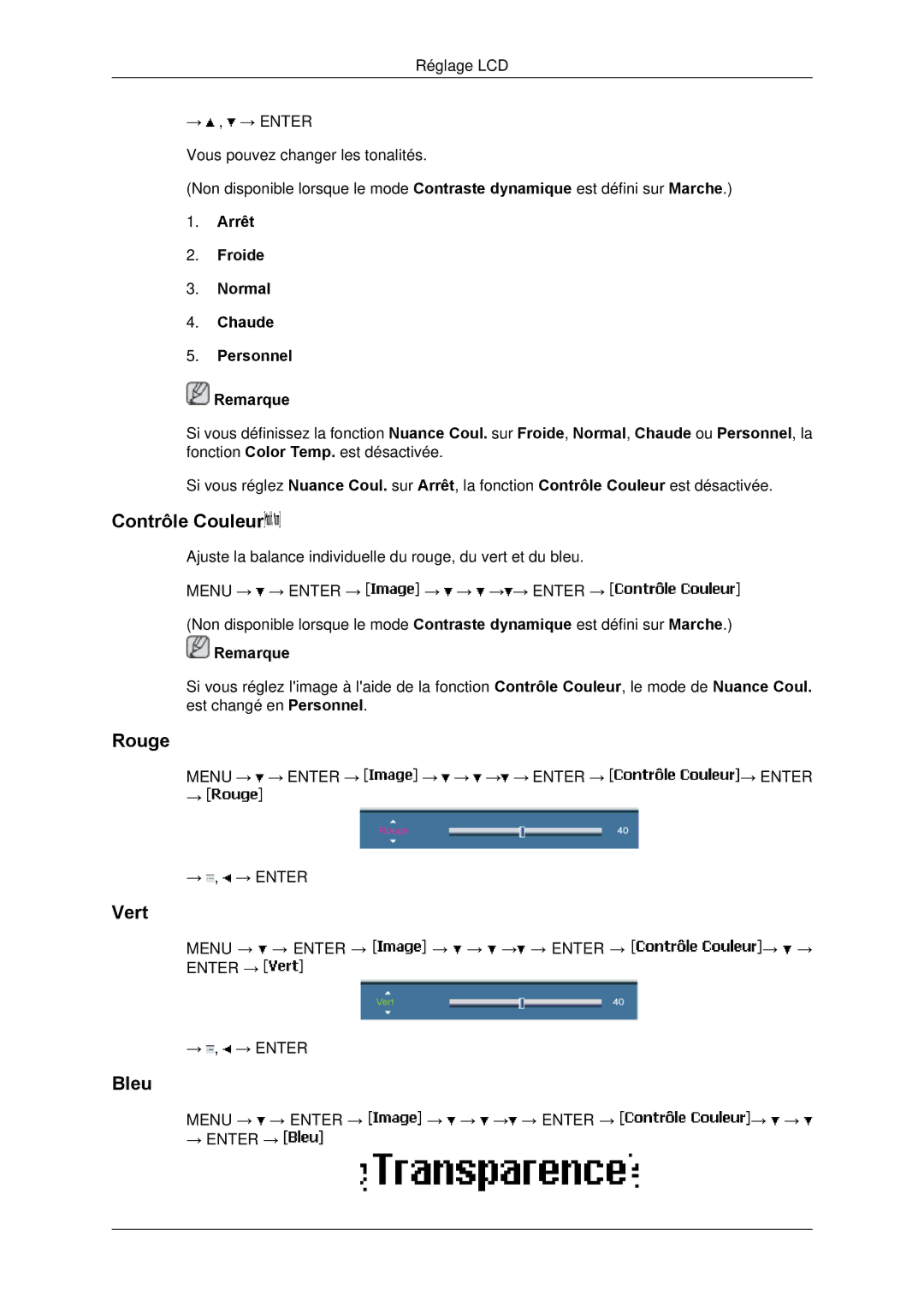 Samsung LH65TCPMBC/EN manual Contrôle Couleur, Rouge, Vert, Bleu, Arrêt Froide Normal Chaude Personnel Remarque 