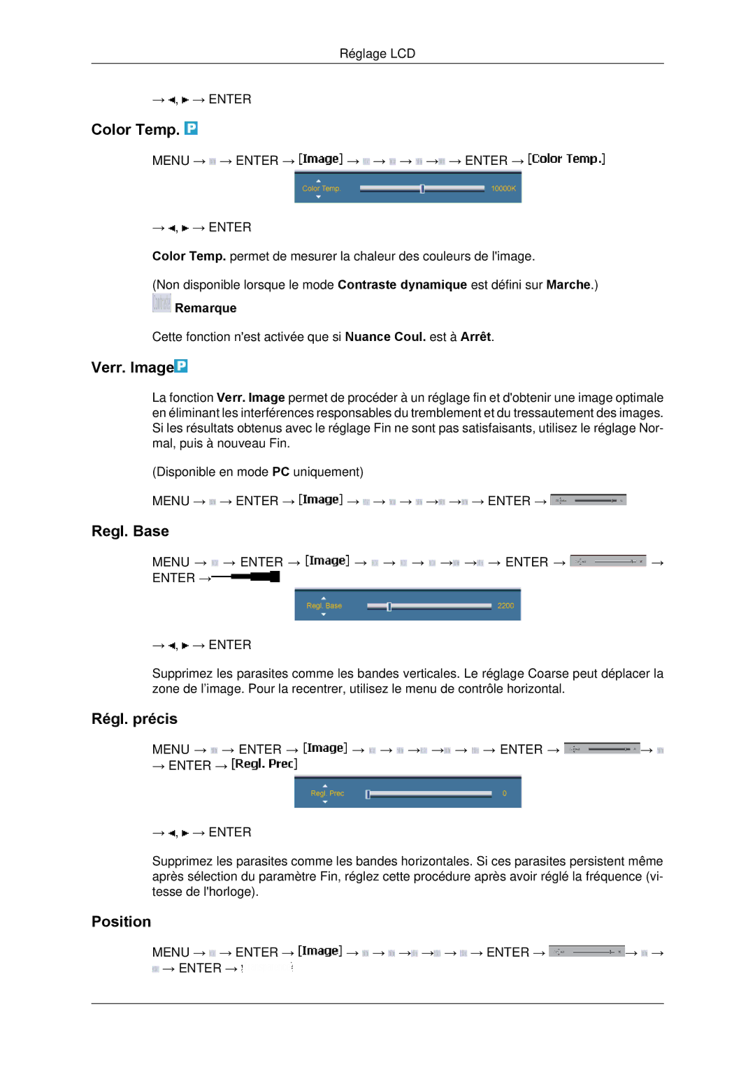 Samsung LH65TCPMBC/EN manual Color Temp, Verr. Image, Regl. Base, Régl. précis 