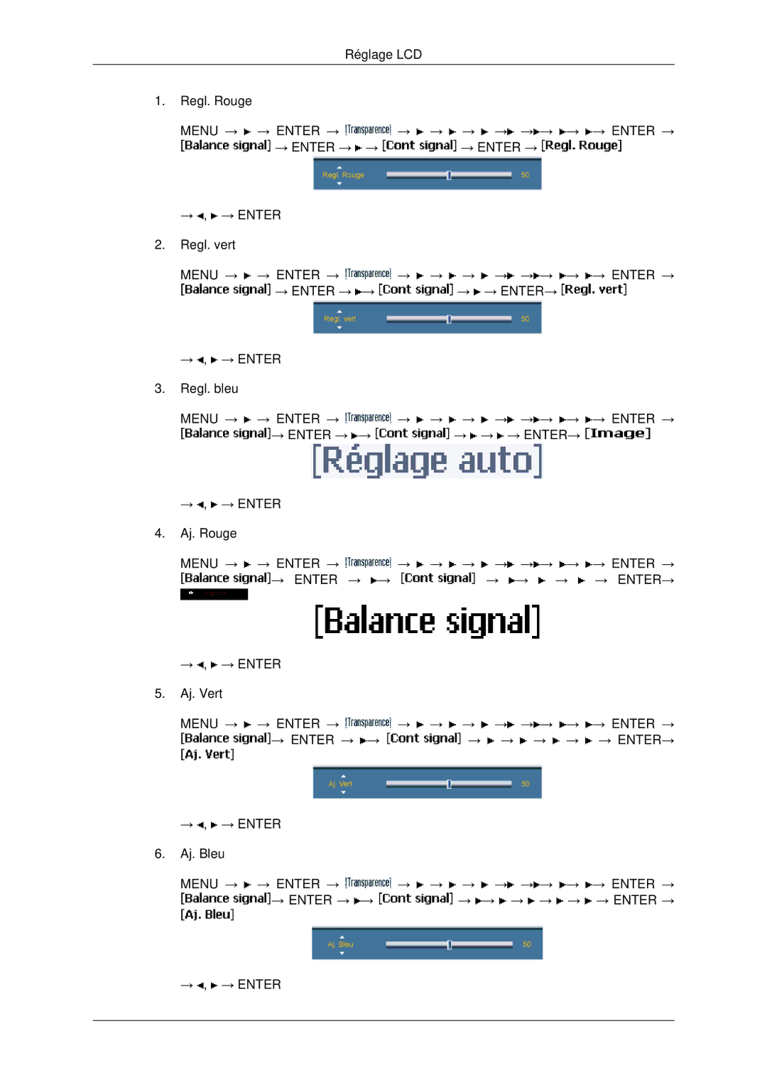 Samsung LH65TCPMBC/EN manual Regl. Rouge, Regl. vert, Regl. bleu, Aj. Rouge, Aj. Vert, Aj. Bleu 