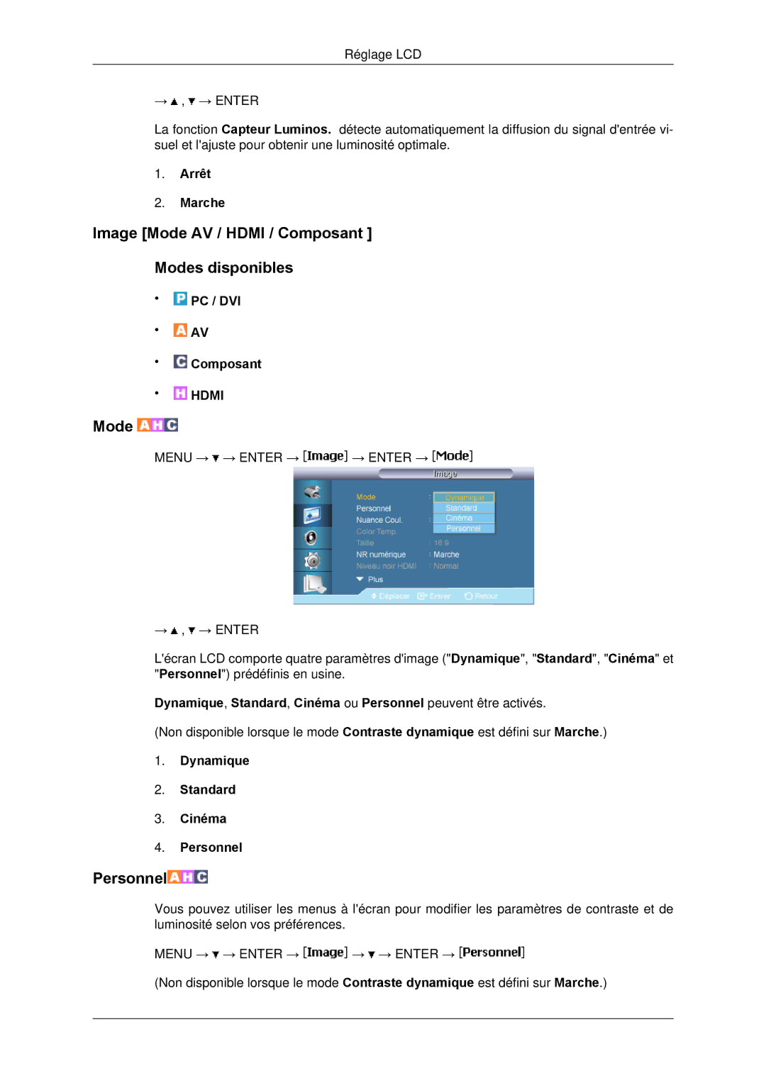 Samsung LH65TCPMBC/EN manual Image Mode AV / Hdmi / Composant Modes disponibles, Dynamique Standard Cinéma Personnel 