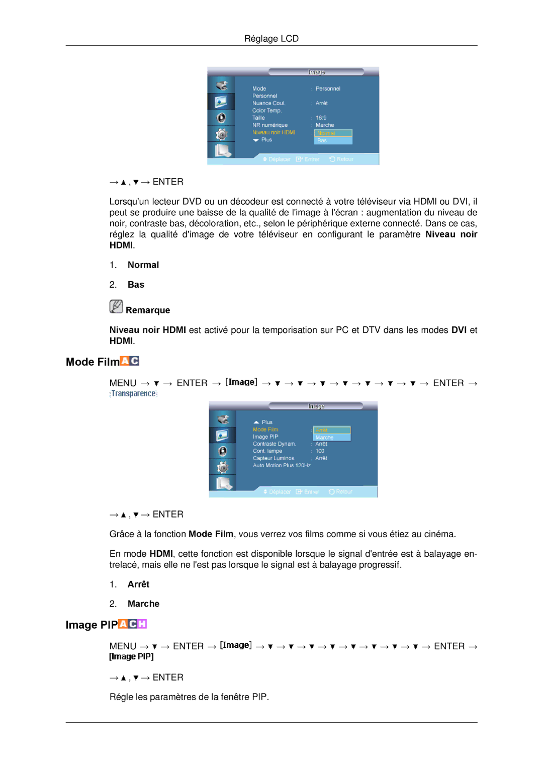 Samsung LH65TCPMBC/EN manual Mode Film, Normal Bas Remarque 