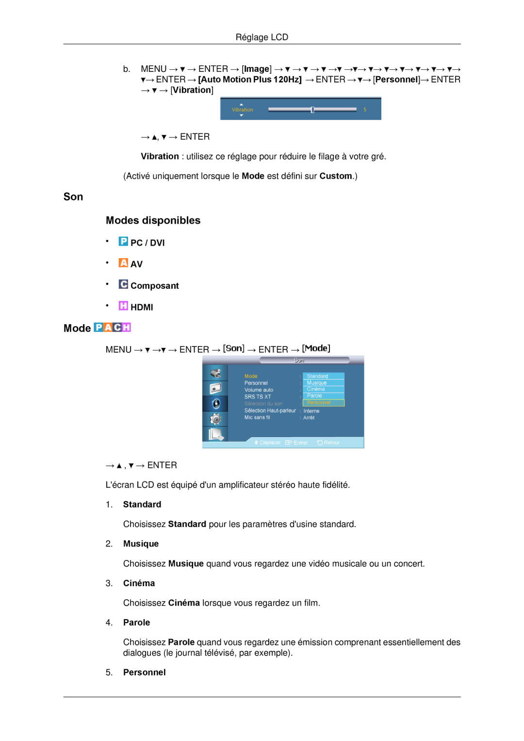 Samsung LH65TCPMBC/EN manual Son Modes disponibles, → → Vibration, Musique, Parole 