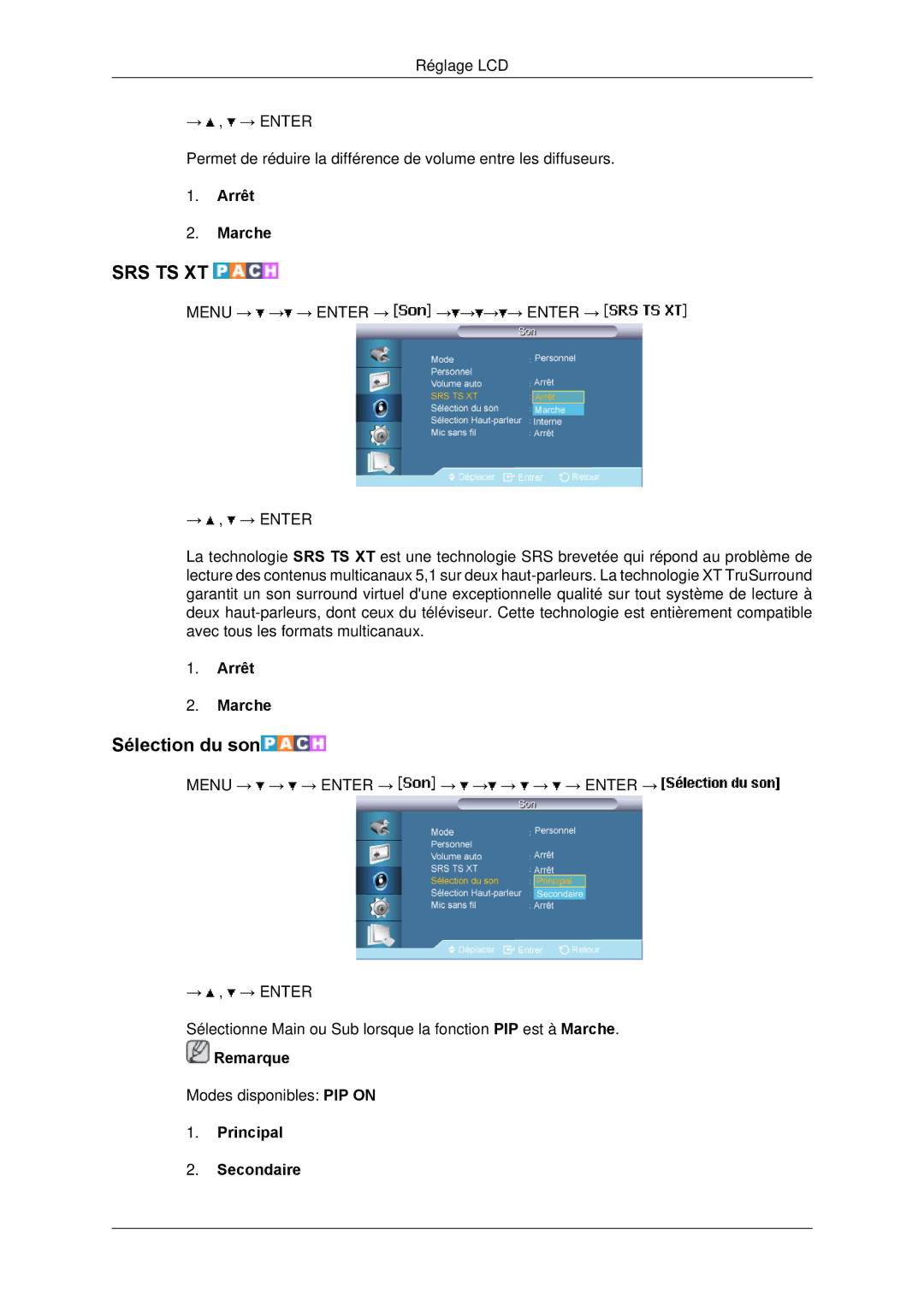 Samsung LH65TCPMBC/EN manual Sélection du son, Principal Secondaire 