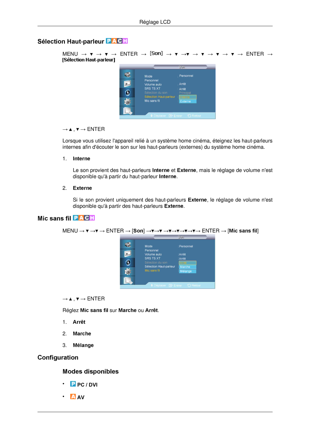 Samsung LH65TCPMBC/EN manual Sélection Haut-parleur, Mic sans fil, Configuration Modes disponibles 