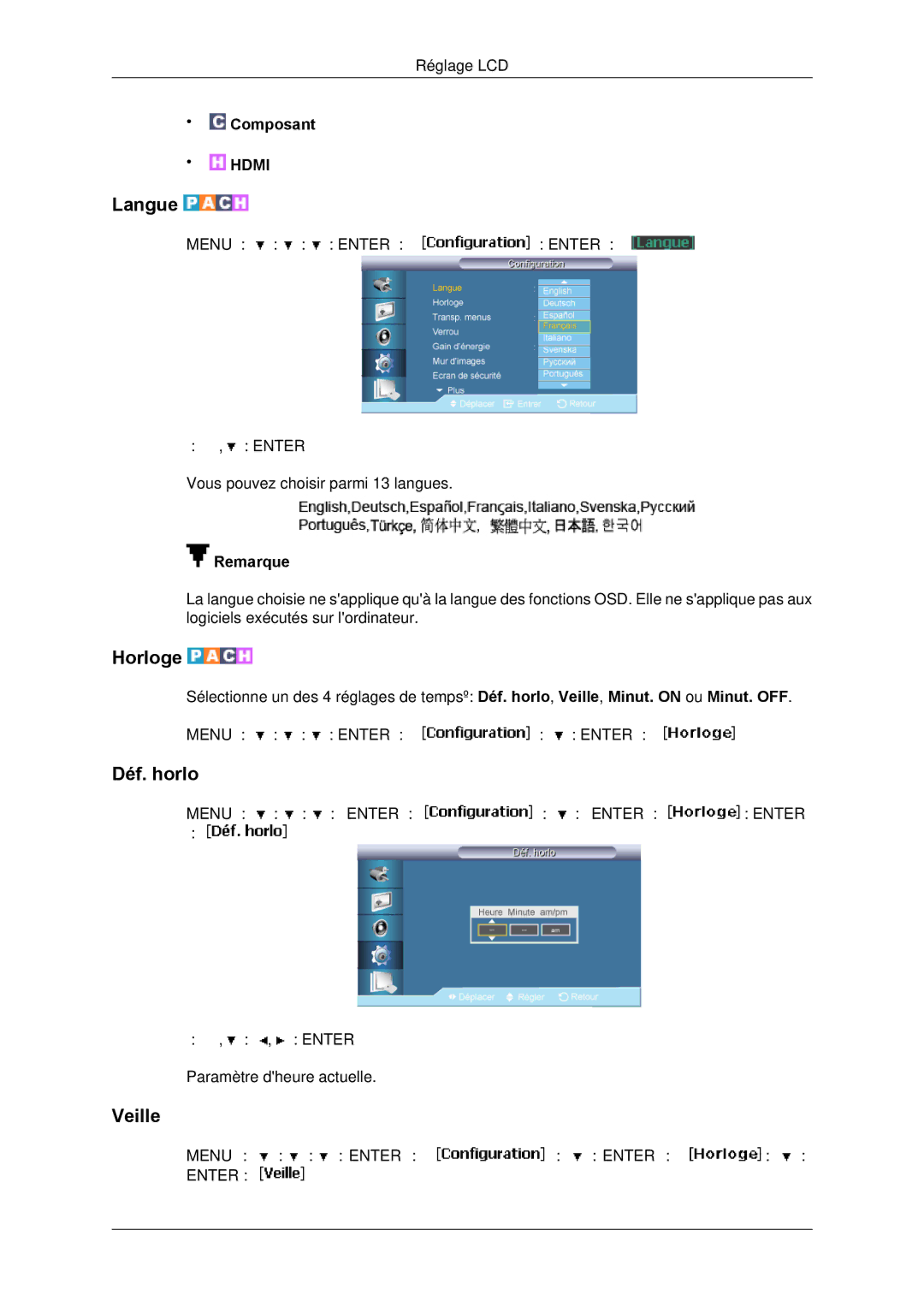 Samsung LH65TCPMBC/EN manual Langue, Horloge, Déf. horlo, Veille 