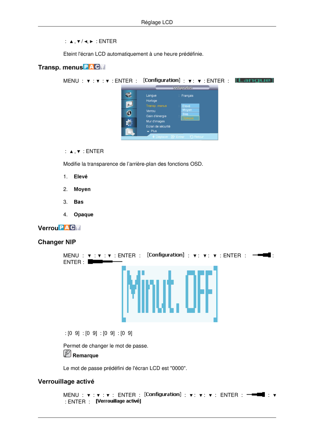 Samsung LH65TCPMBC/EN manual Transp. menus, Verrou Changer NIP, Verrouillage activé, Elevé Moyen Bas Opaque 