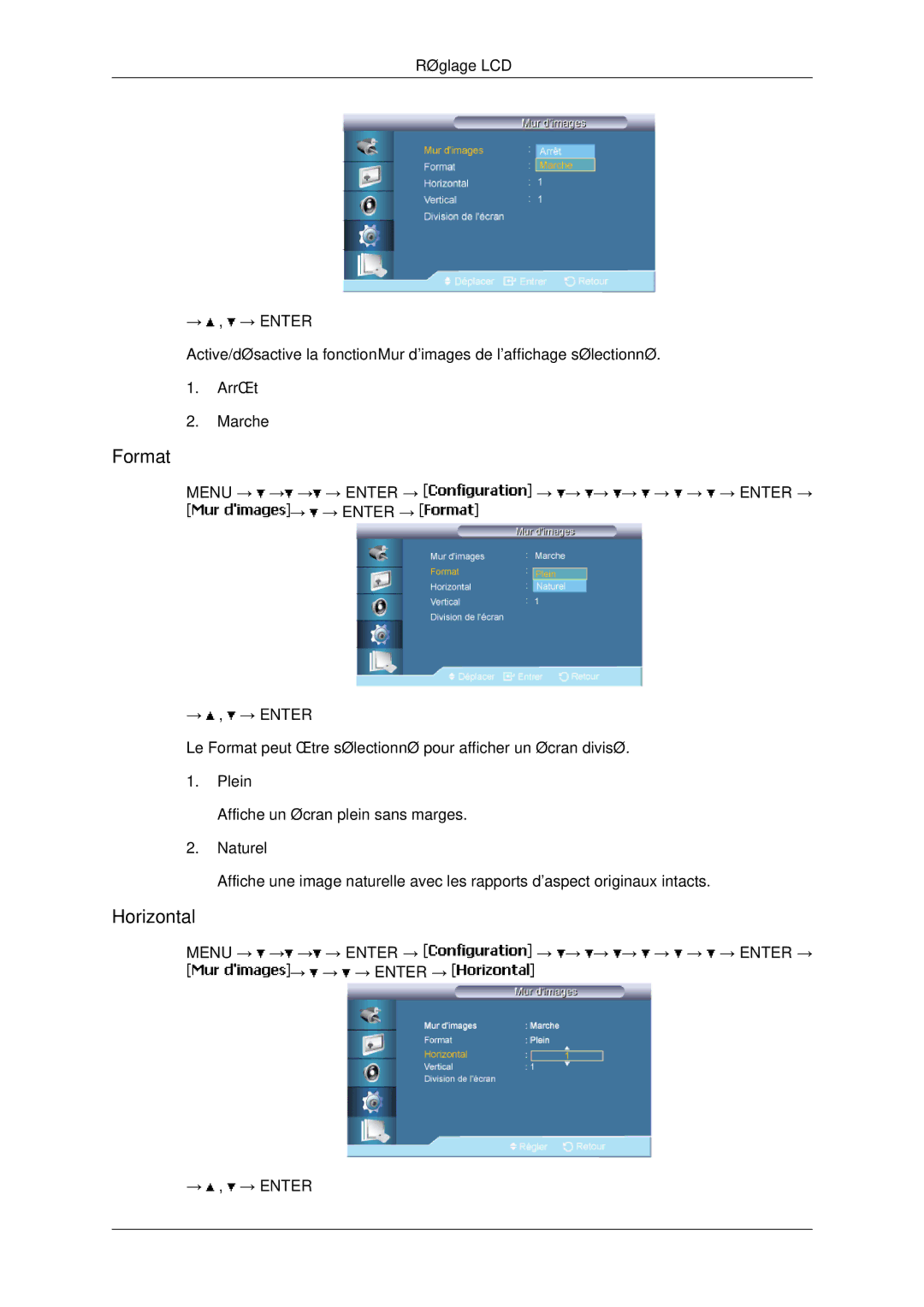 Samsung LH65TCPMBC/EN manual Horizontal, Plein, Naturel 