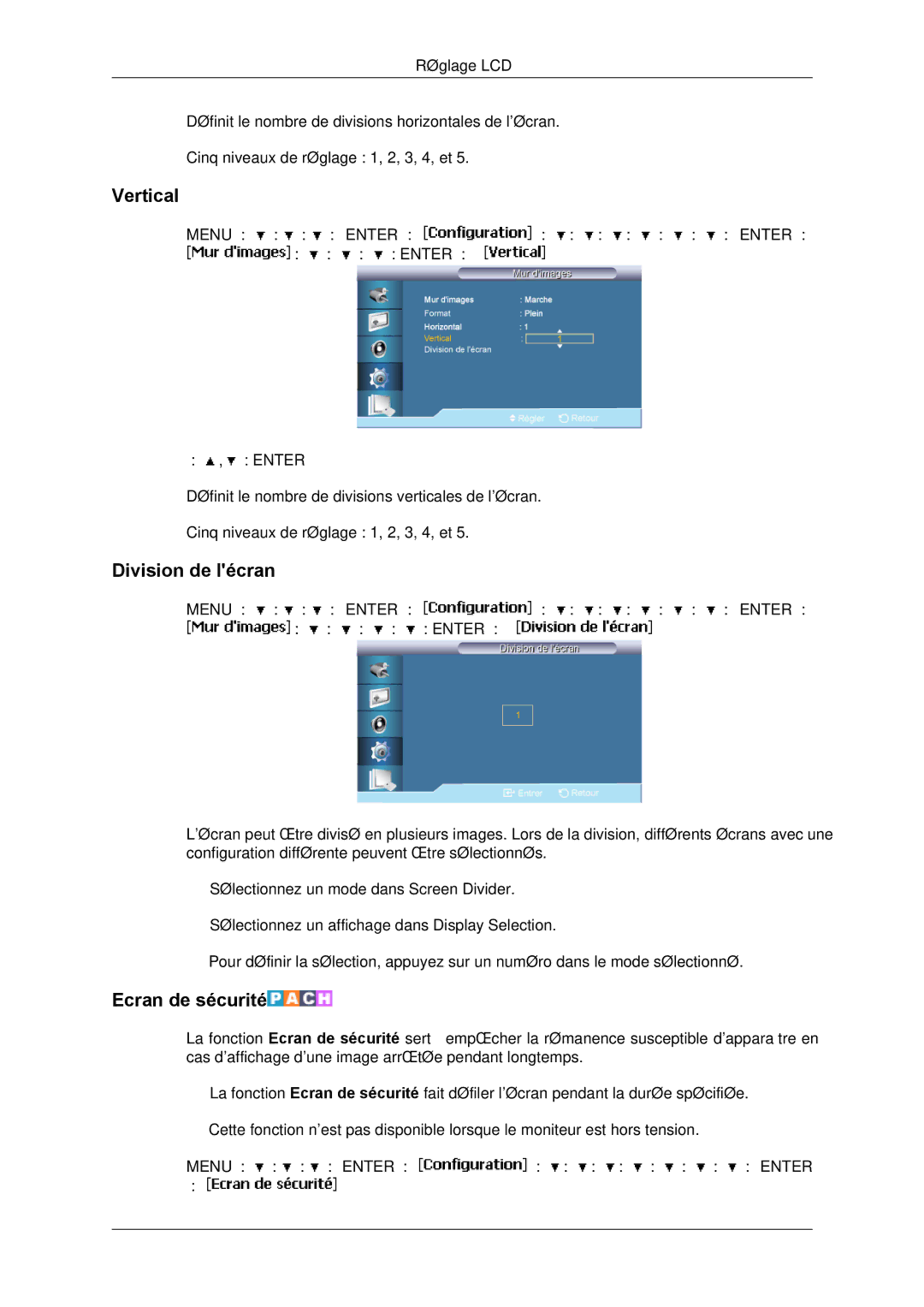 Samsung LH65TCPMBC/EN manual Vertical, Division de lécran, Ecran de sécurité 