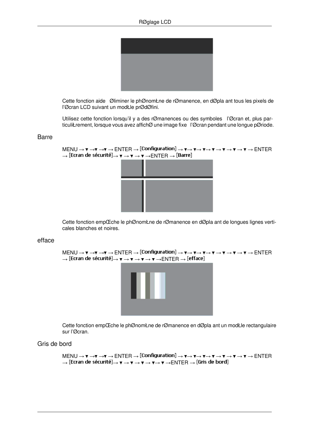 Samsung LH65TCPMBC/EN manual Barre, Efface, Gris de bord 