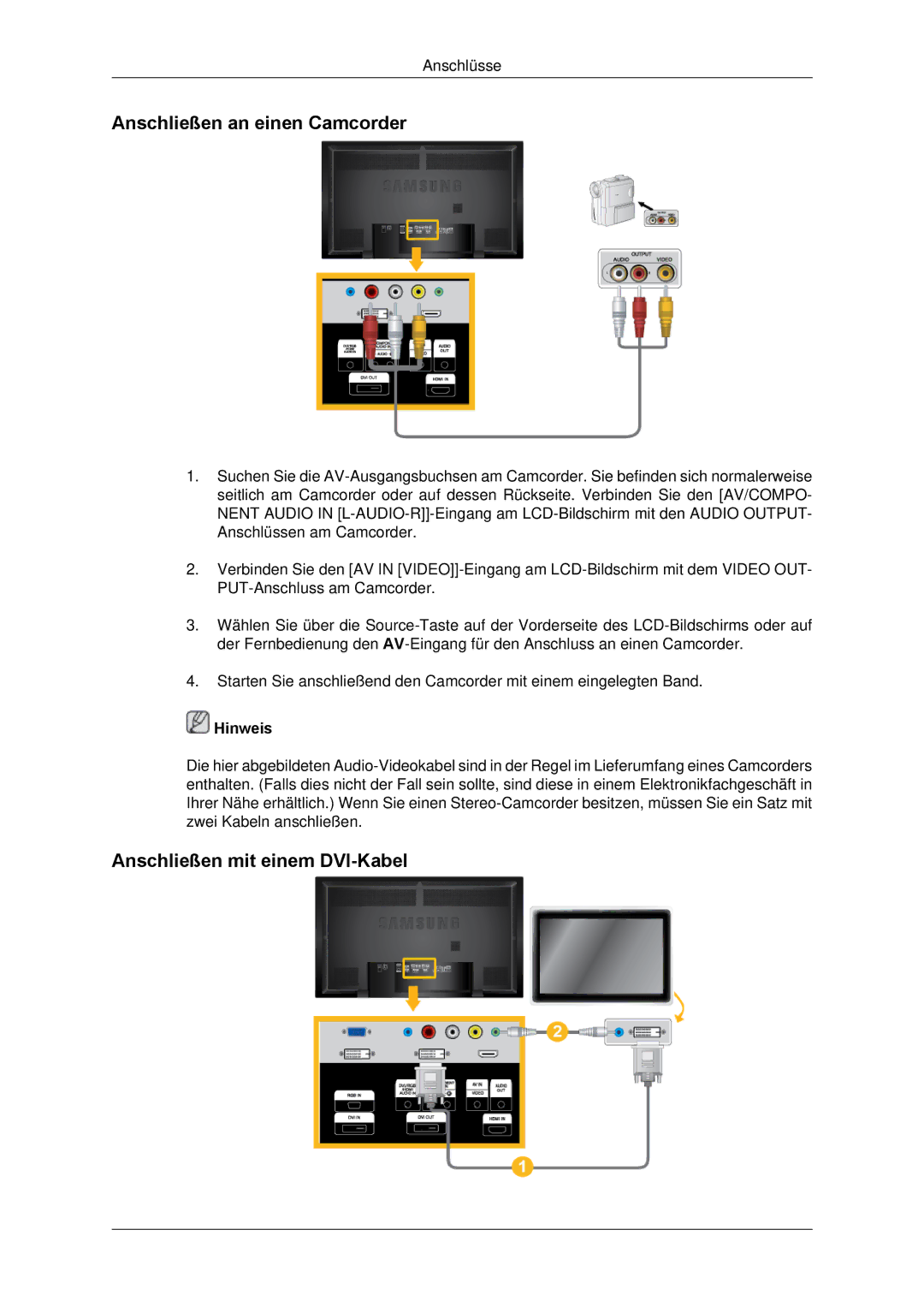 Samsung LH65TCPMBC/EN manual Anschließen an einen Camcorder, Anschließen mit einem DVI-Kabel 