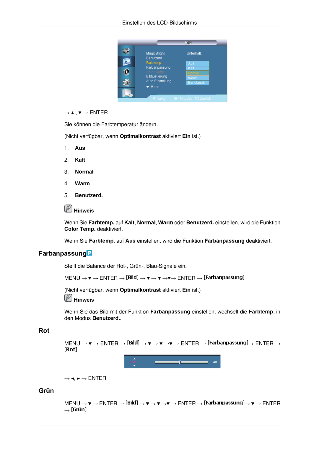 Samsung LH65TCPMBC/EN manual Farbanpassung, Rot, Grün, Aus Kalt Normal Warm Benutzerd Hinweis 