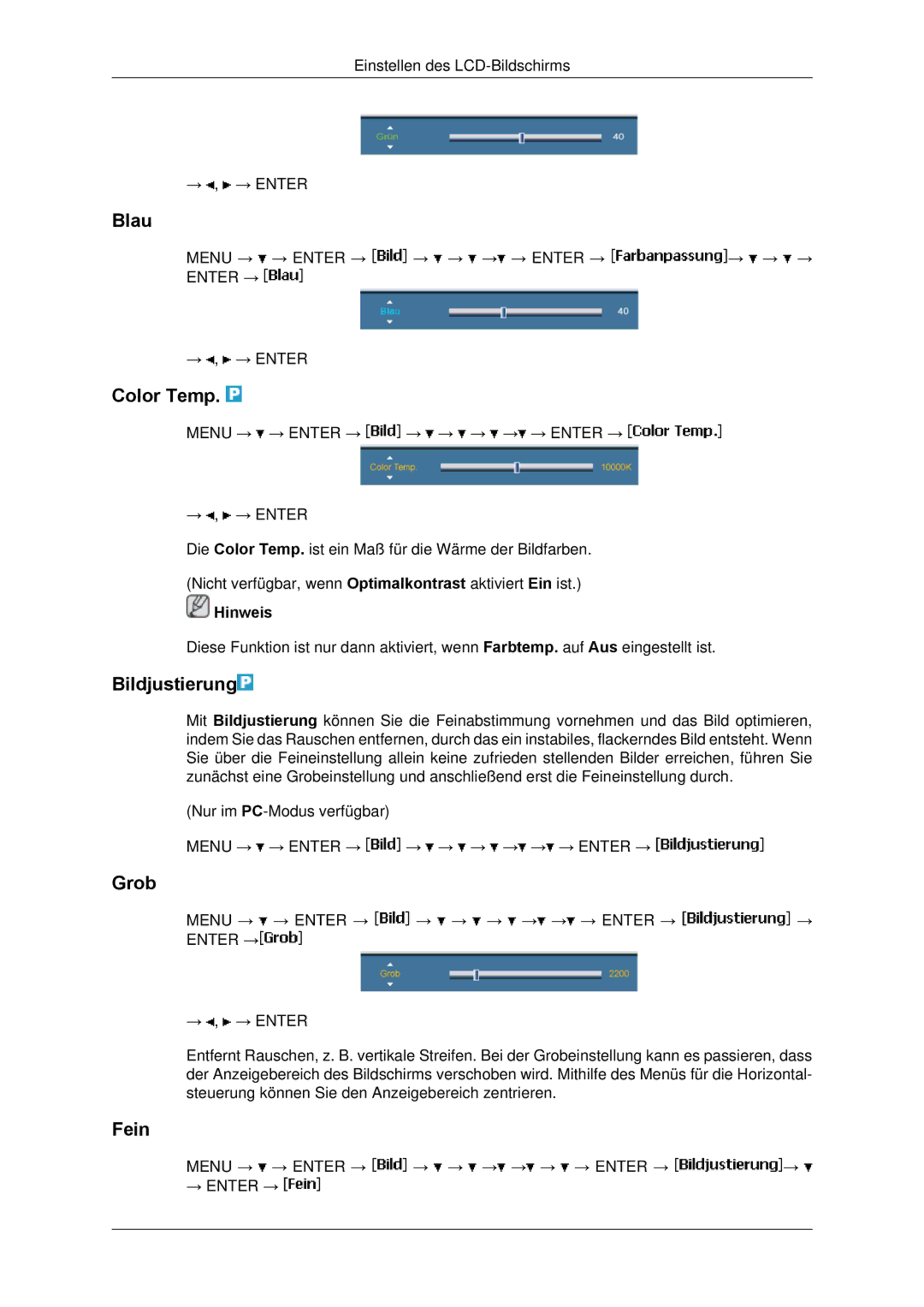 Samsung LH65TCPMBC/EN manual Blau, Color Temp, Bildjustierung, Grob, Fein 